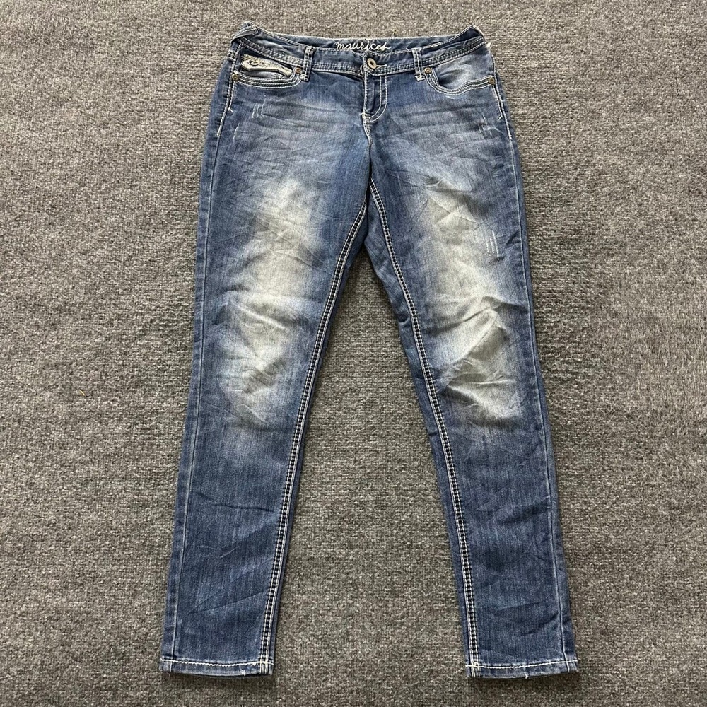 Maurices Jeans Womens Size M REG Blue Skinny Distressed Contrast Stitch Denim